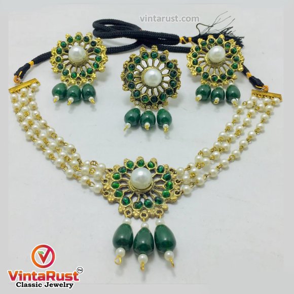 Green Stone and White Pearls Jewelry Set, Tribal Stones and Pearls Jewelry, - Picture 7 of 9